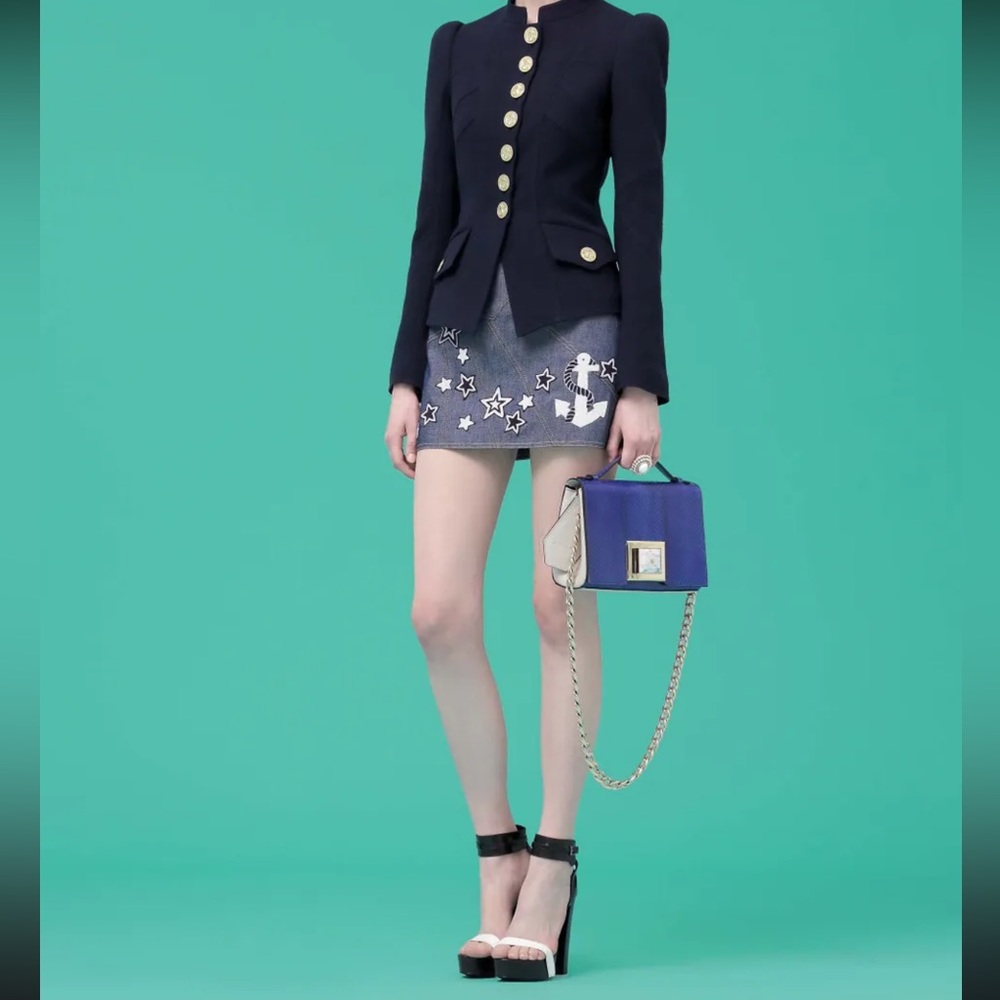 Luxury Designer Andrew GN | Resort Mini Skirt w/ Glass Bead Stars Denim 4th July - Picture 3 of 16